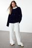 Women's Fashionable Stylish Cardigan Navy Blue Furry Coat Look Knitwear Cardigan