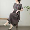 Women's Printed Cotton and Linen Short Sleeved Dress, Loose Retro Long Skirt, Summer