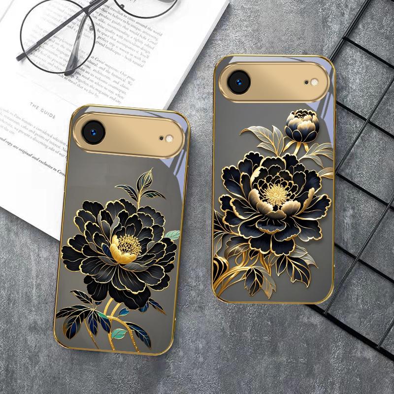 Черно-золотой цветок пиона для iPhone 17 Pro Max 16 17 Pro 15 Pro 14 13 Plus 12 Mini 11 Pro Max XR 16E 17 Air Золотой стеклянный чехол для телефона
