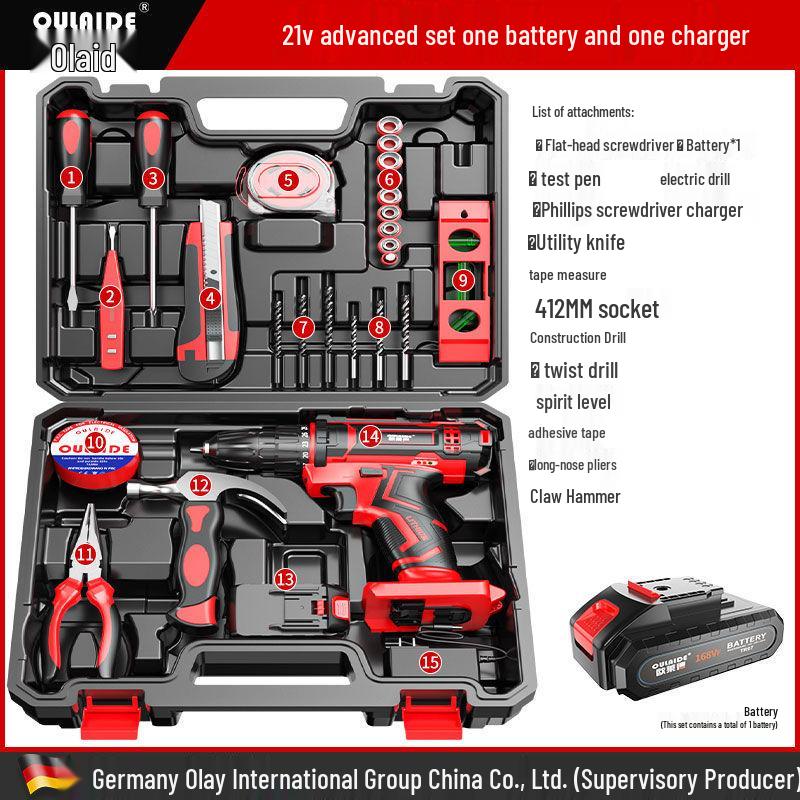 Oulade 21V Rechargeable Lithium Drill Set – Handheld German Electric Screwdriver & Impact Drill.