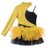 Kids Girls Shiny Sequin Dance Dress Asymmetrical Sleeves Contrast Tulle Skirt Leotard Dress Dance Costumes