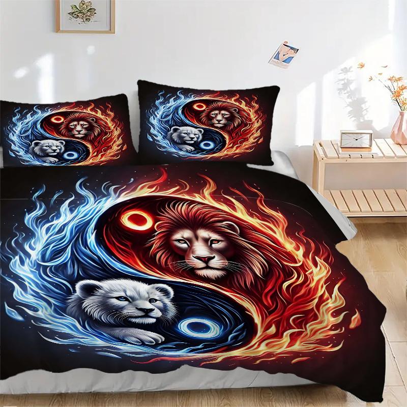 3pcs Yin Yang Lions Pattern Bedding Set, 1* Cover + 2*Pillowcases, Printed Bedding Set, Soft and Comfortable, Suitable for Bedroom and Guest