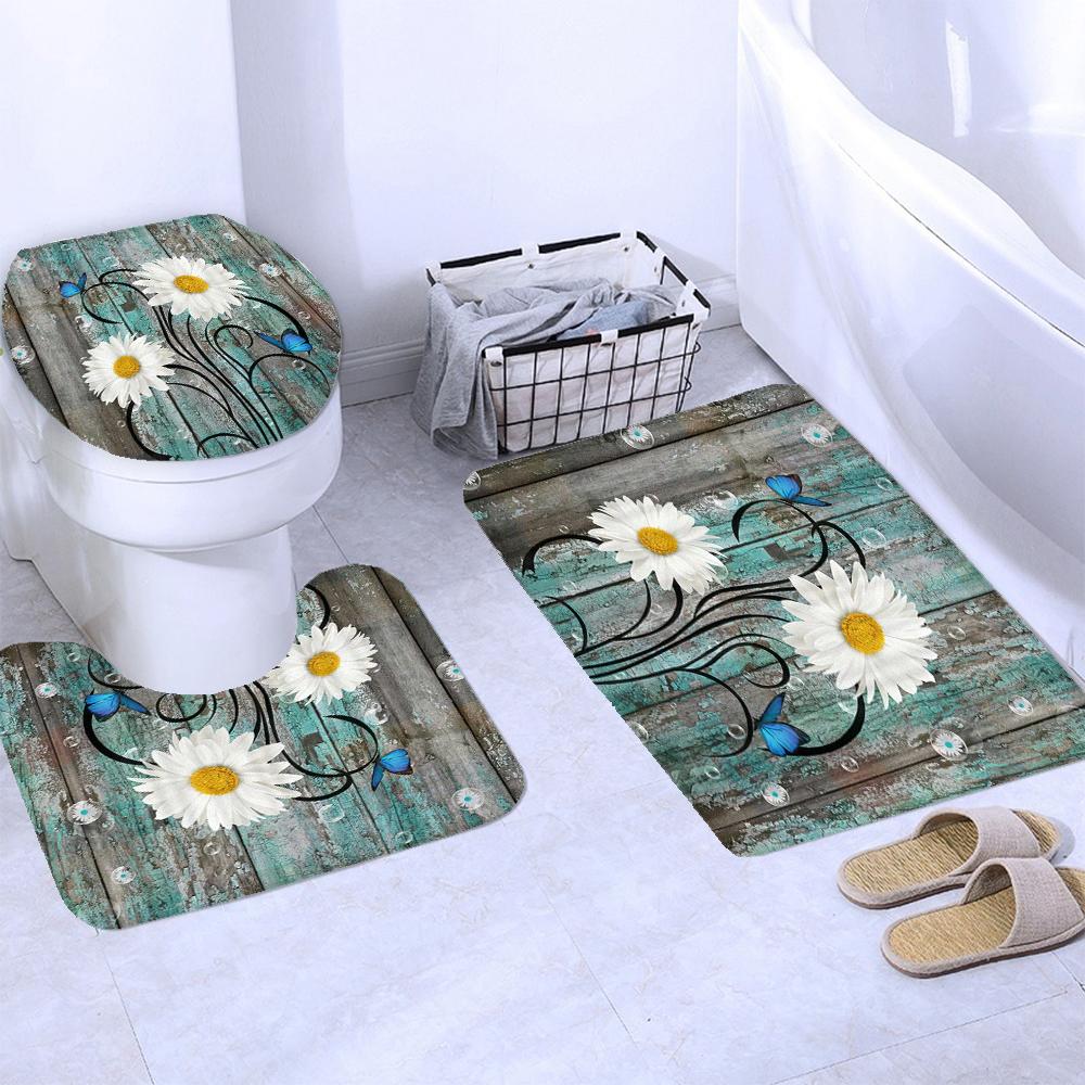 3D Бабочка Цветок Ткань Водонепроницаемая Шторка для душа Шторы для ванной комнаты Набор Синий Розовый Роза Нескользящий коврик Чехол на крышку унитаза Коврик для ванной