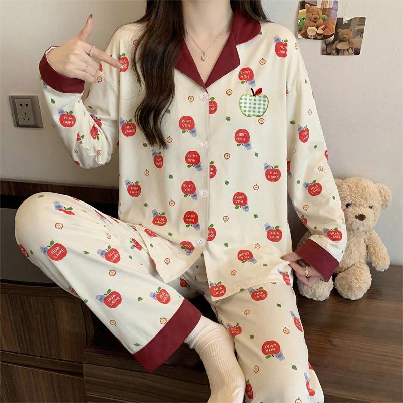 High-value simple striped puppy ins imitation cotton lapel cardigan spring new long-sleeved pajamas women's suit