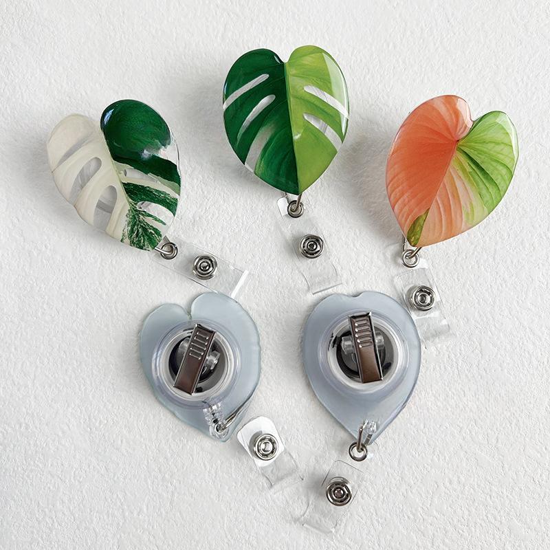 Acrylic Plant Leaf Cute Nurse Badge Reels Heavy Duty Retractable 360 Alligator Clip ID Holder For Student Doctor