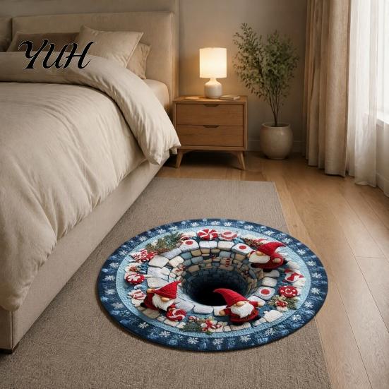 Creative Christmas Party Decor Round Area Rug, 3D Optical Illusion Floor Mat with Santa Candy Cane Winter Holiday Carpet Print, Non-Slip Stain