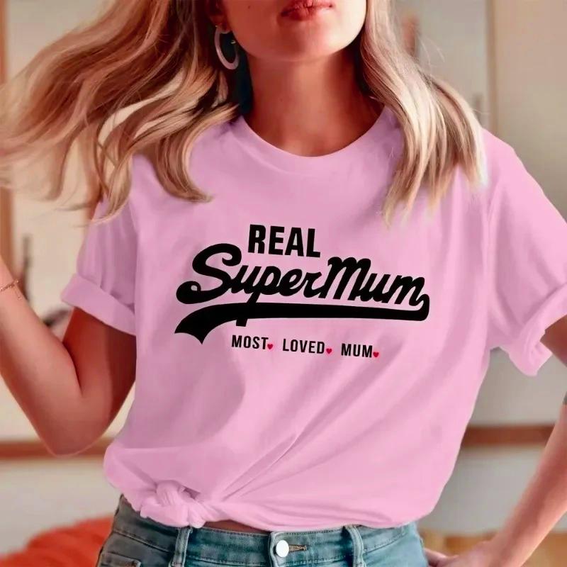 Newest Fashion Short Sleeve Crewneck Mama Y2k T-Shirt Real Super Mom Superhero Mother's Day Most Loved Mum Tee Y2k Harajuku Tops