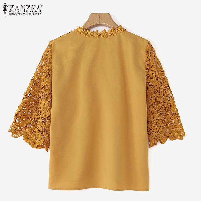 ZANZEA Женская летняя блузка с V-образным вырезом и рукавом 3/4, повседневная, с лоскутной вязкой крючком