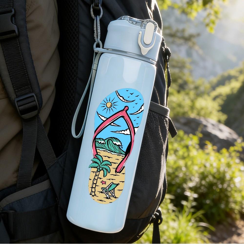 1PC Tropical Pattern Flip Flop Sandal Print 750ml Color Plastic Sports Water Bottle Leakproof Flip Straw Lid Suitable for Sports Office Home Use