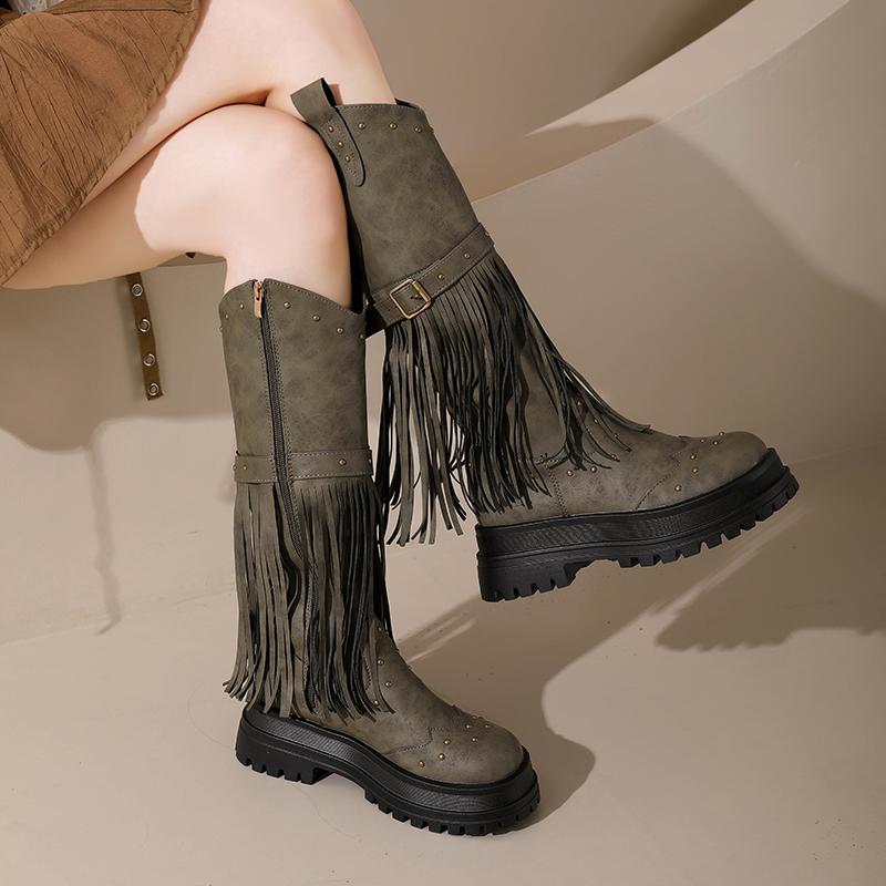 Fashion Tall Boots Winter New Round Toe Studded Tassel Side Zip Platform Non-Slip Block Heel Boots