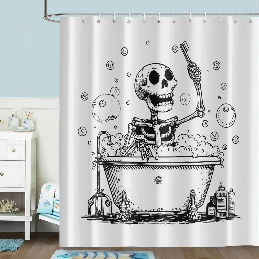 Skeleton Pattern Shower Curtain Set With 12 Hooks Stylish Bathroom Decor Waterproof Shower Liner For Window