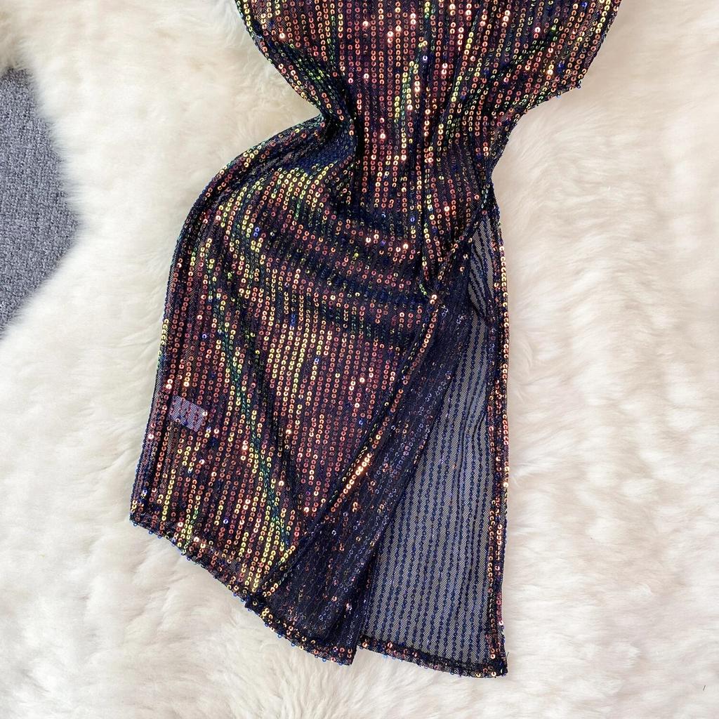 Sequins Erotic Camisole One Piece Dress Women Off Shoulder Short Split Skinny Party Dresses Female Fashion Cross Backless Club Sexy Dress 2024