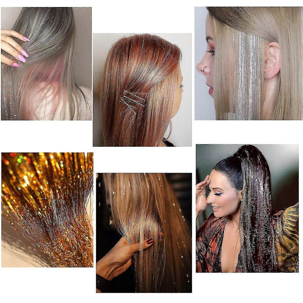 Hair Tinsel Kit Strands With Tool 47inch 12 Colors Strands Fairy Hair Tinsel Kit Hair Extensions Sparkling Glitter Shiny Silk Tinsel (12 Colors)