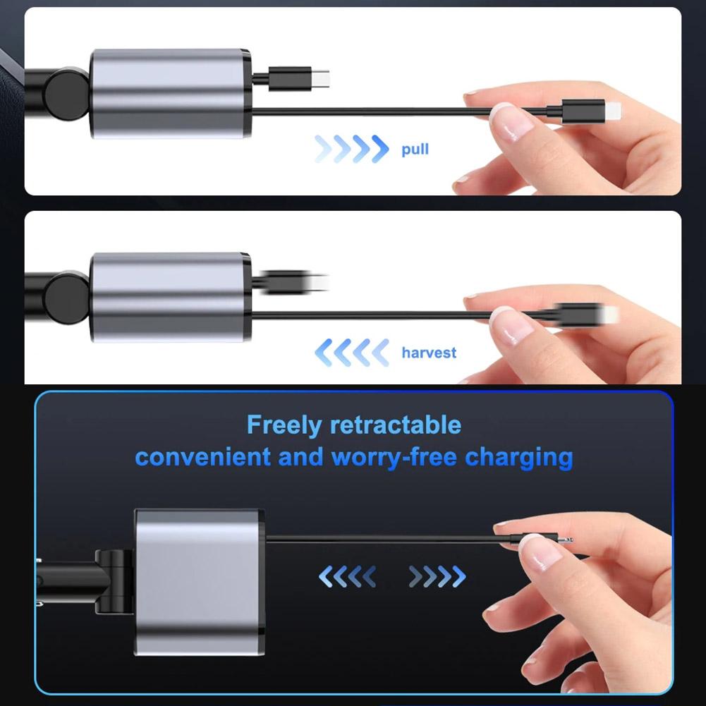 4 в 1 выдвижное автомобильное зарядное устройство, проводное 120 Вт для iPhone, iPad, USB-кабель C для IP/Type-C, сверхбыстрый зарядный адаптер