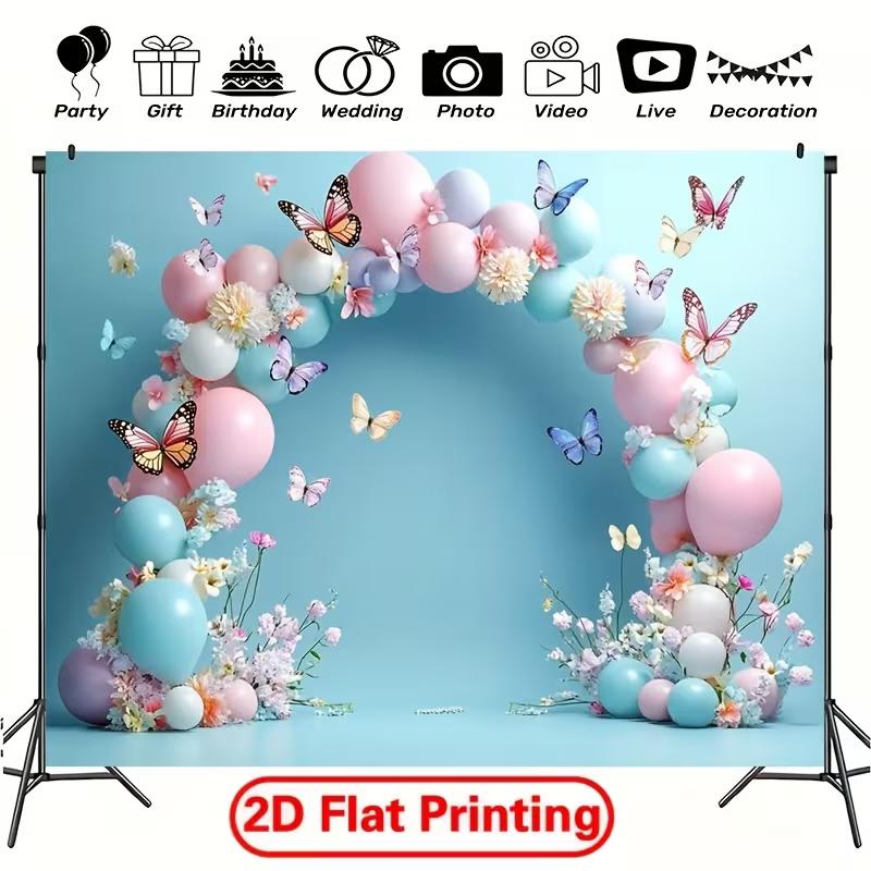 2D Flat Print Pastel Blue Balloon Butterfly Backdrop, Spring Floral Party Decoration Background for Photo Studio