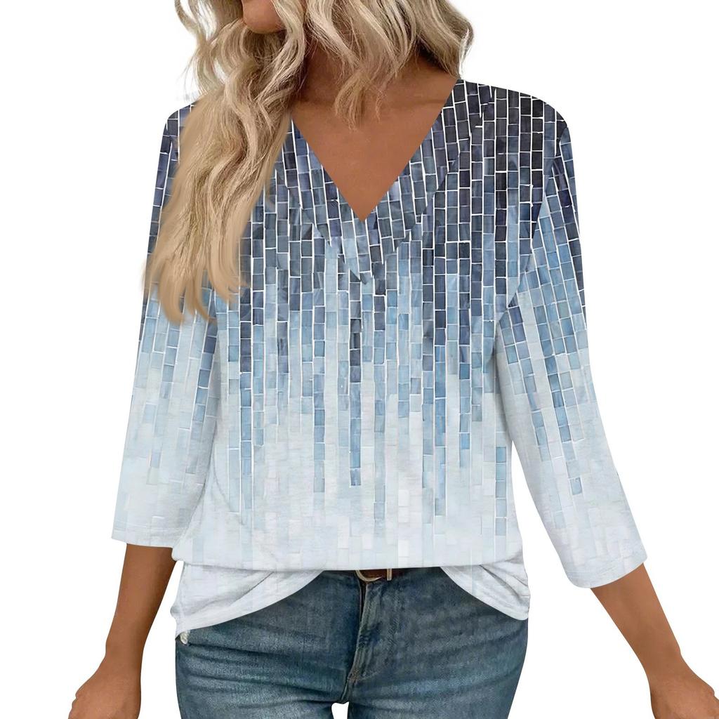 Женские рубашки с рукавом 3/4, топы с принтом и V-образным вырезом, повседневные топы, базовые футболки, блузки, свободные топы