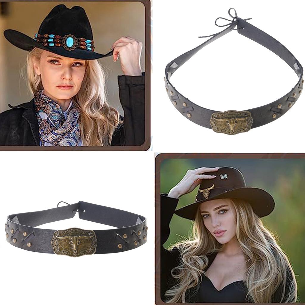 Cowboy Hat Band for Adult with Bull Head Buckle Vintage Ethnic Panama Cap Band for Women Men Fedora Hat Accessories