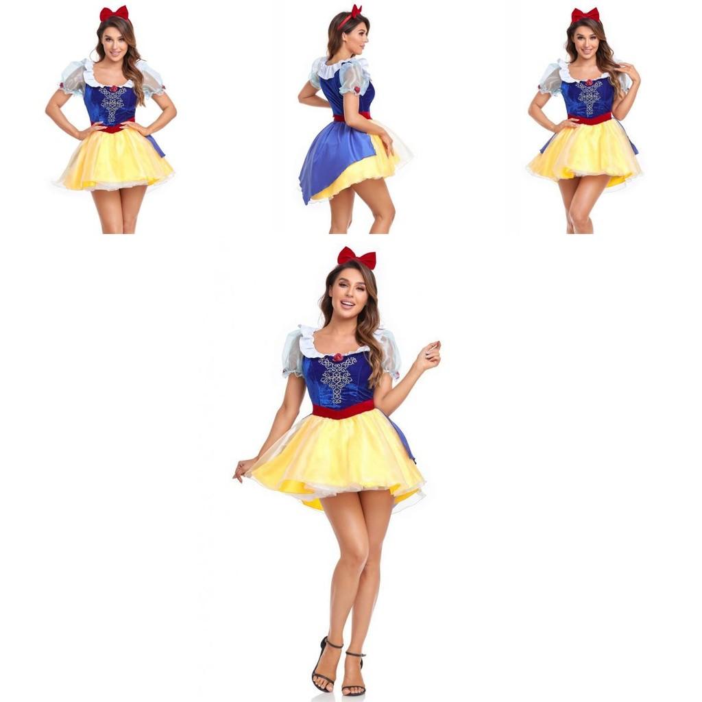 Очаровательное взрослое платье Белоснежки для костюмированной вечеринки на Хэллоуин с элегантной синей тканью
