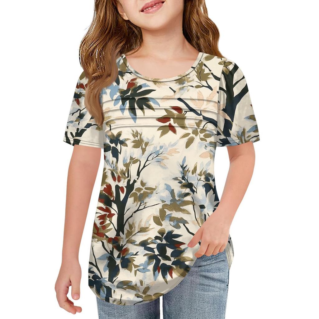 Детские футболки-складки, летние футболки с короткими рукавами и круглым воротником, с принтом цветов, пальто для отдыха