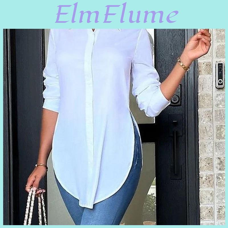 Fashion Sleeve Casual Long Tunic Shirts Women Simple White Blouse Elegant Office Asymmetrical Solid Office Lady Tops 30395