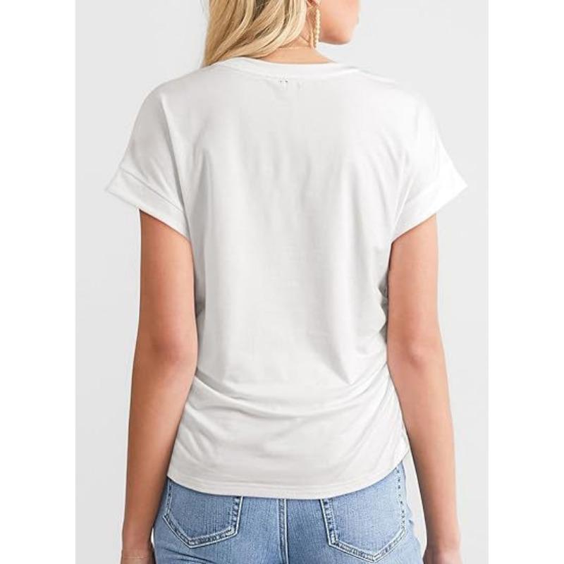 YYFS Женские модные повседневные летние весенние однотонные блузки и рубашки с короткими рукавами и круглым вырезом с принтом