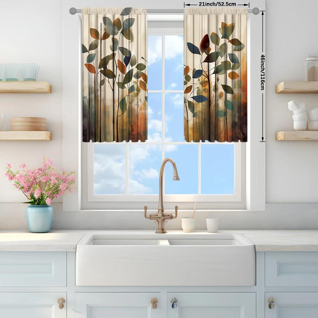 2pcs Art Leaves Printed Curtain for Home Decor - Rod Pocket Window Treatment for Bedroom, Office, Kitchen, Living Room,and Study