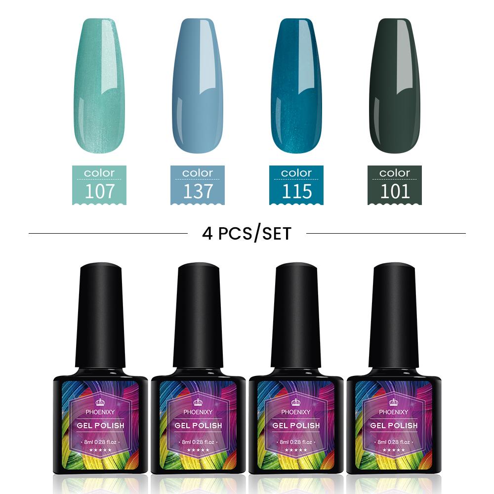 PHOENIXY: великолепные ногти с набором 4-цветного гель-лака — в него входит чистый лак, увлажняющий УФ-гель, светодиодный маникюр, дизайн ногтей и лак с блестками.