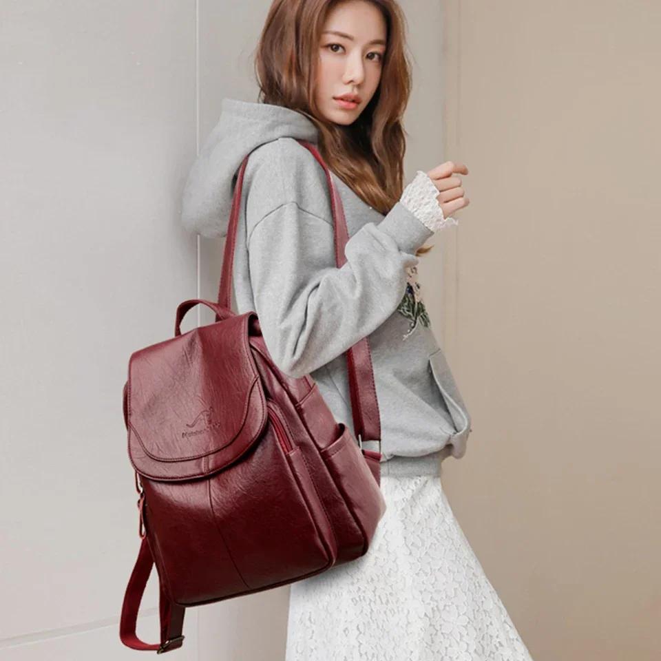 Ladies Bookbag Feminine Large Capacity Backpack Leather High-quality Feminine Vintage School Bags
