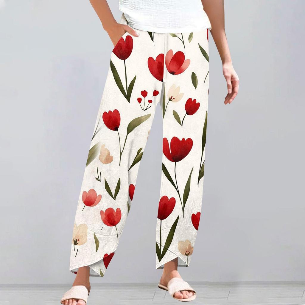 Брюки женские летние повседневные широкие брюки с эластичной резинкой на талии и карманами