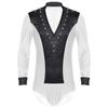 Mens Dance Leotard Glittery Rhinestones V Neck Design Long Sleeve Satin Patchwork Bodysuit
