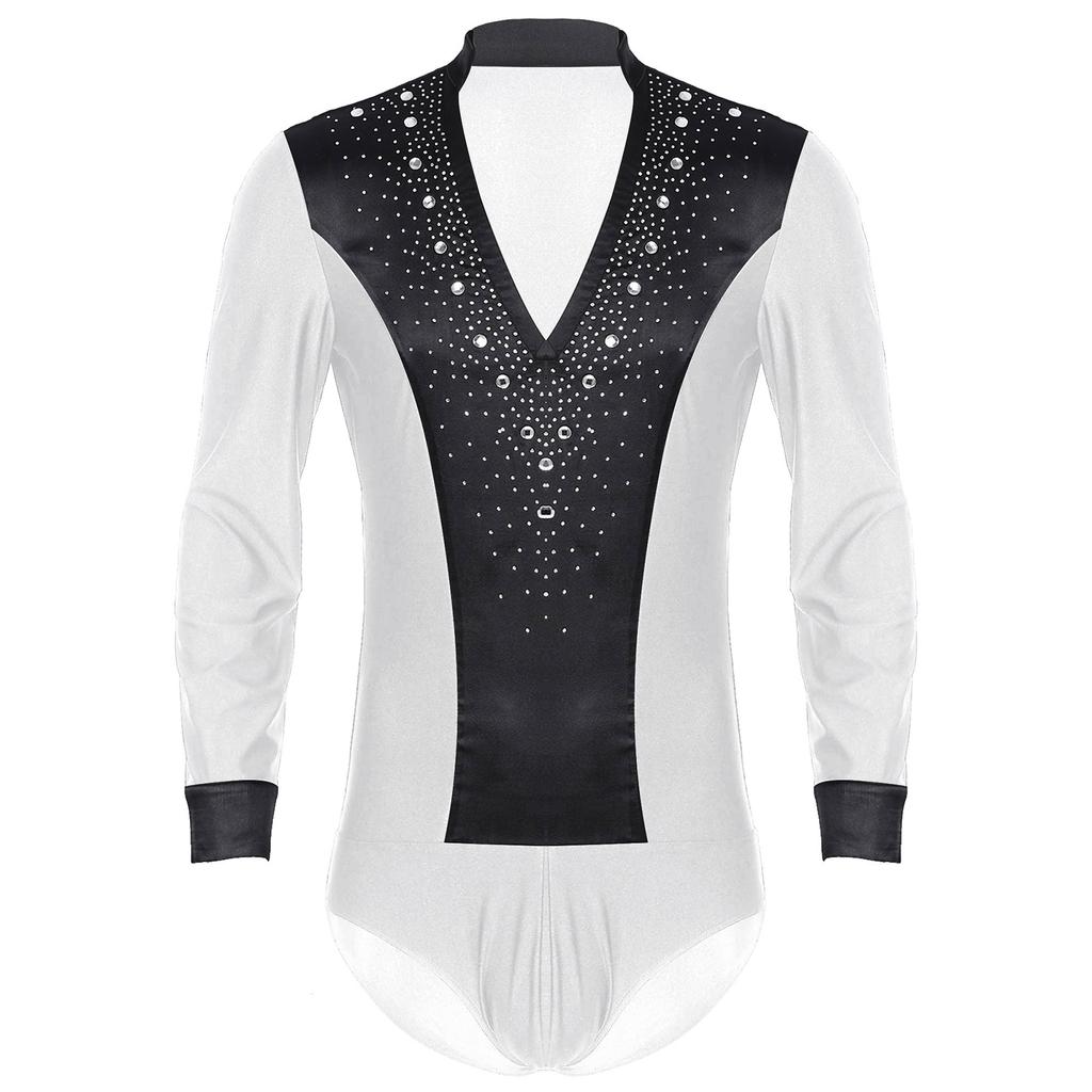 Mens Dance Leotard Glittery Rhinestones V Neck Design Long Sleeve Satin Patchwork Bodysuit