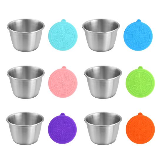 1/6Pcs Dipping Cup Stainless Steel Sauce Cup with Leakproof Lid 70ml Reusable Condiment Container