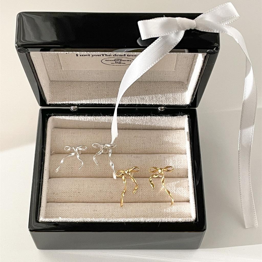 Silver needle ribbon bow stud earrings Mori series sweet little fragrant earrings niche high-end spring new earrings