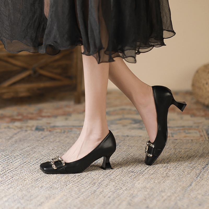 French square head thin heel single shoes spring and autumn new comfortable metal buckle fashion high heels women