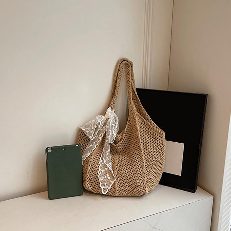 Yogodlns Women Hollow Out Crochet Tote Bag Fashion Knitted Bag Large Capacity Scarf Decor Handbag Female Summer Beach Solid Color Woven Shoulder Bag