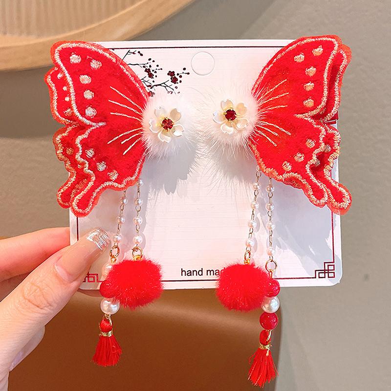 1 пара заколок для волос в китайском стиле, детские кисточки, заколки для волос, милый бант, бабочка, головной убор, кавайные красные аксессуары для волос, подарки