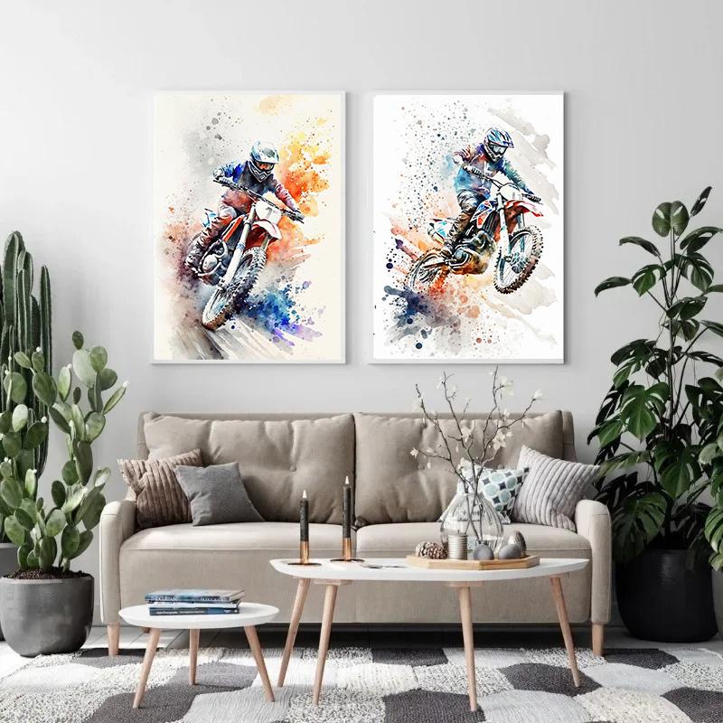 Акварельные постеры с мотоциклами для мотокросса, принты, холст, живопись, мотоцикл, мотоцикл, настенная картина для комнаты, домашний декор, подарок байкеру