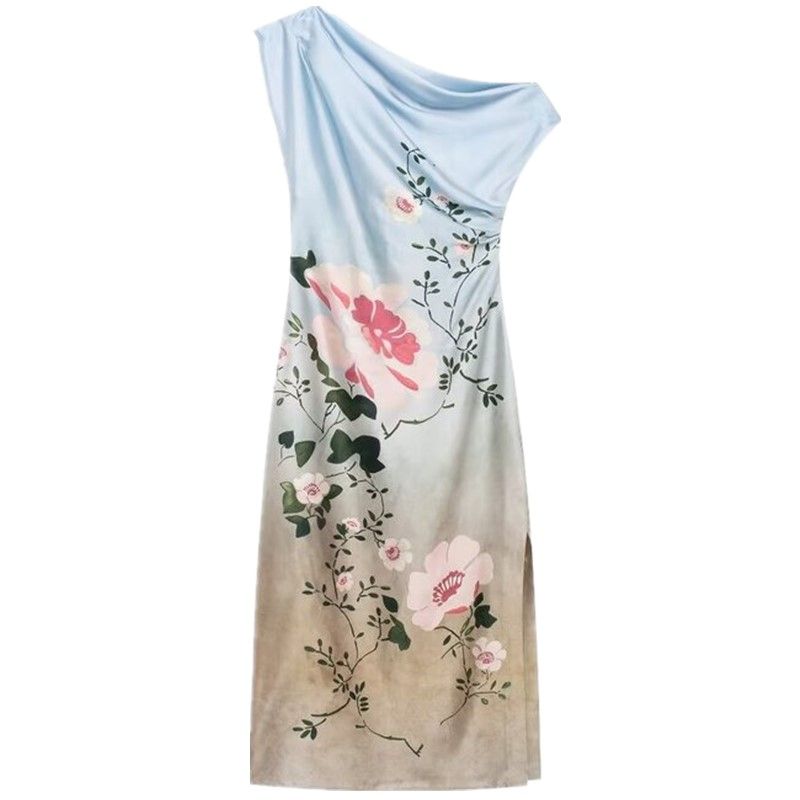 Fashion Style 2024 Autumn New Female Flower Print Silk Satin High-Quality Contrast-Colored Long Dress 8828186