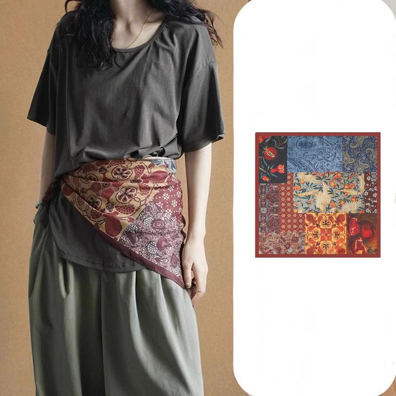 Oil Painting Retro Literary Silk Scarf Cotton Square Scarf Versatile Cashew Nut Silk Scarf 70 Square Scarf Elegant Decorative Waist Seal Belt Scarf