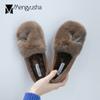 Genuine Rabbit Fur Winter Espadrilles Crystal V Decorate Plush Loafers Women Warm Shoes 41 42 All-match Thick Bottom Moccasins