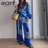Осенняя женская модная полосатая рубашка с принтом, плиссированная прямая нога, широкий брючный костюм