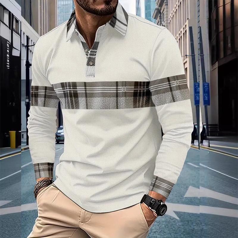 Модная рубашка-поло с отложным воротником для офиса, мужская дышащая повседневная рубашка с длинным рукавом, новая весенне-осенняя клетчатая повседневная мужская одежда