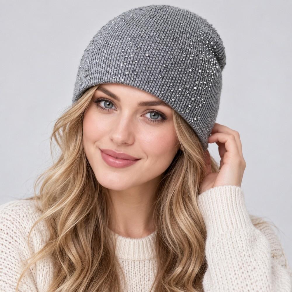 Rhinestone Decor Warm Winter Hat Stretchy Fit Winter Knitted Cap Outdoor Streetwear