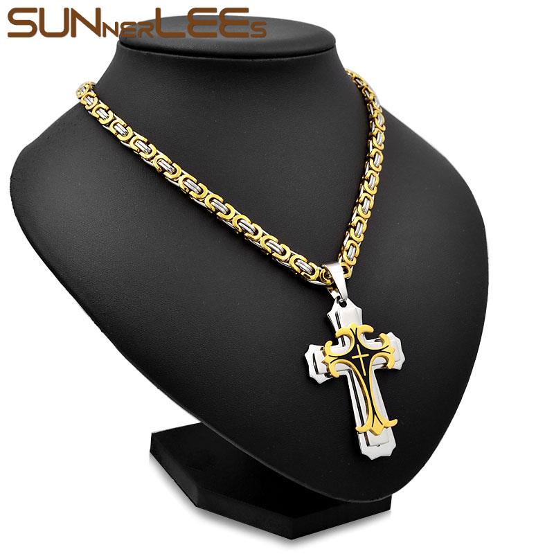Ожерелье из нержавеющей стали с крестом Иисуса Христа, византийская цепочка, серебряный цвет, позолоченный, для мужчин и мальчиков, подарок Sp208