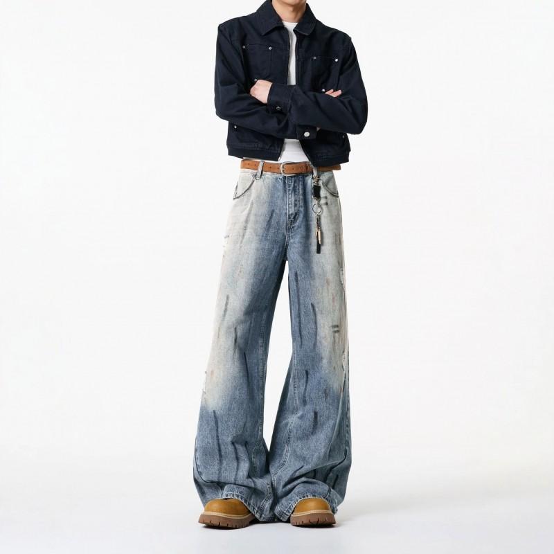 Mens Loose Wide Leg Denim Pants Light Blue Distressed Pleated Jeans American Style Streetwear
