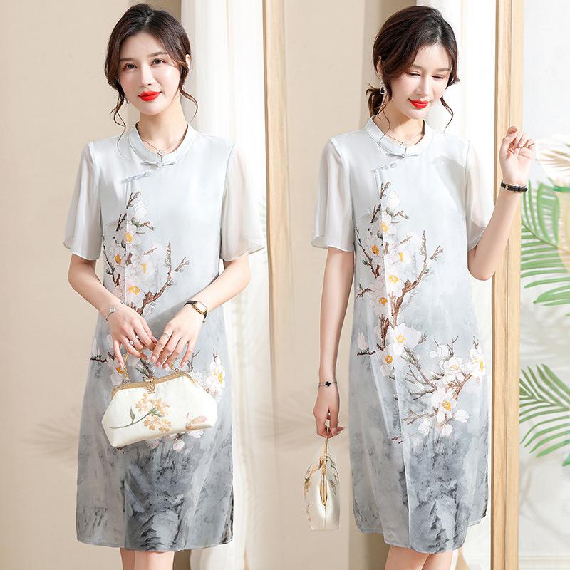 Летнее шифоновое платье в китайском стиле: Платье с короткими рукавами и принтом, круглым воротником и линией талии, идеальное для изящного и очаровательного образа.