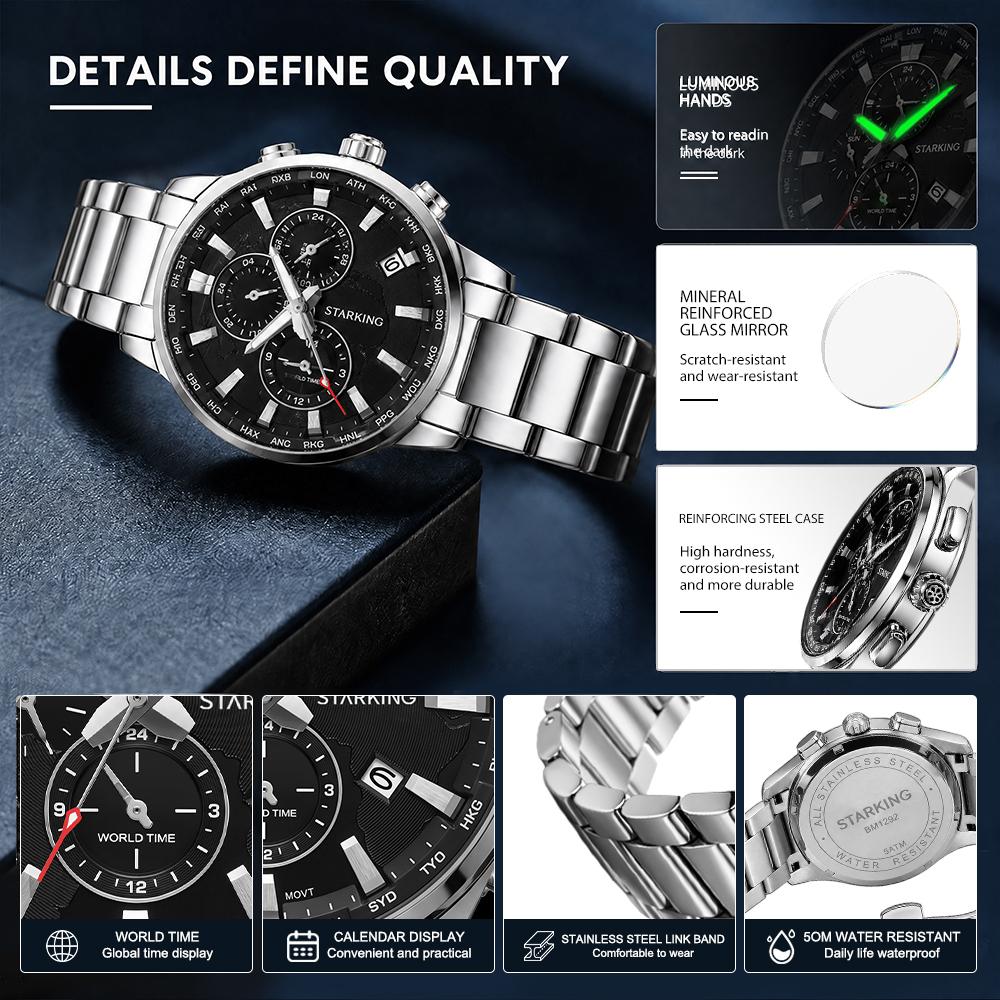 STARKING Business Men's Quartz Watch 5ATM Waterproof Luminous Luxury Sports Quartz Wristwatch Stainless Steel Strap Date Watches
