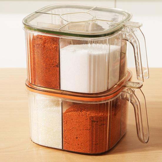 Kitchen Seasoning Jar with Spoon Slot Multi-Compartment Salt Pepper Organizer Transparent Seasoning Box
