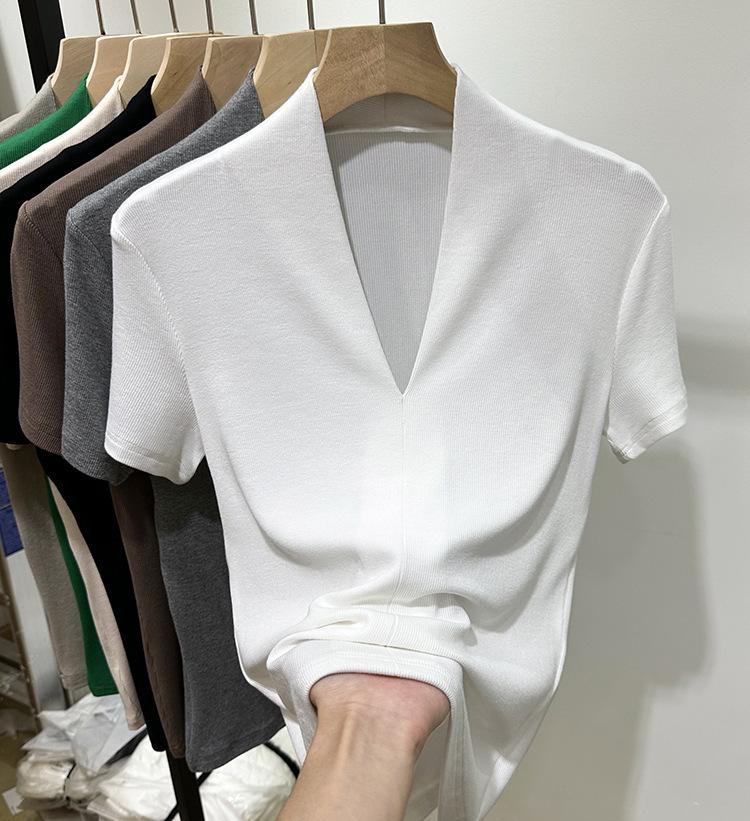 Модная футболка с V-образным вырезом, с короткими рукавами, женская летняя новинка, облегающий топ с рукавами до локтя