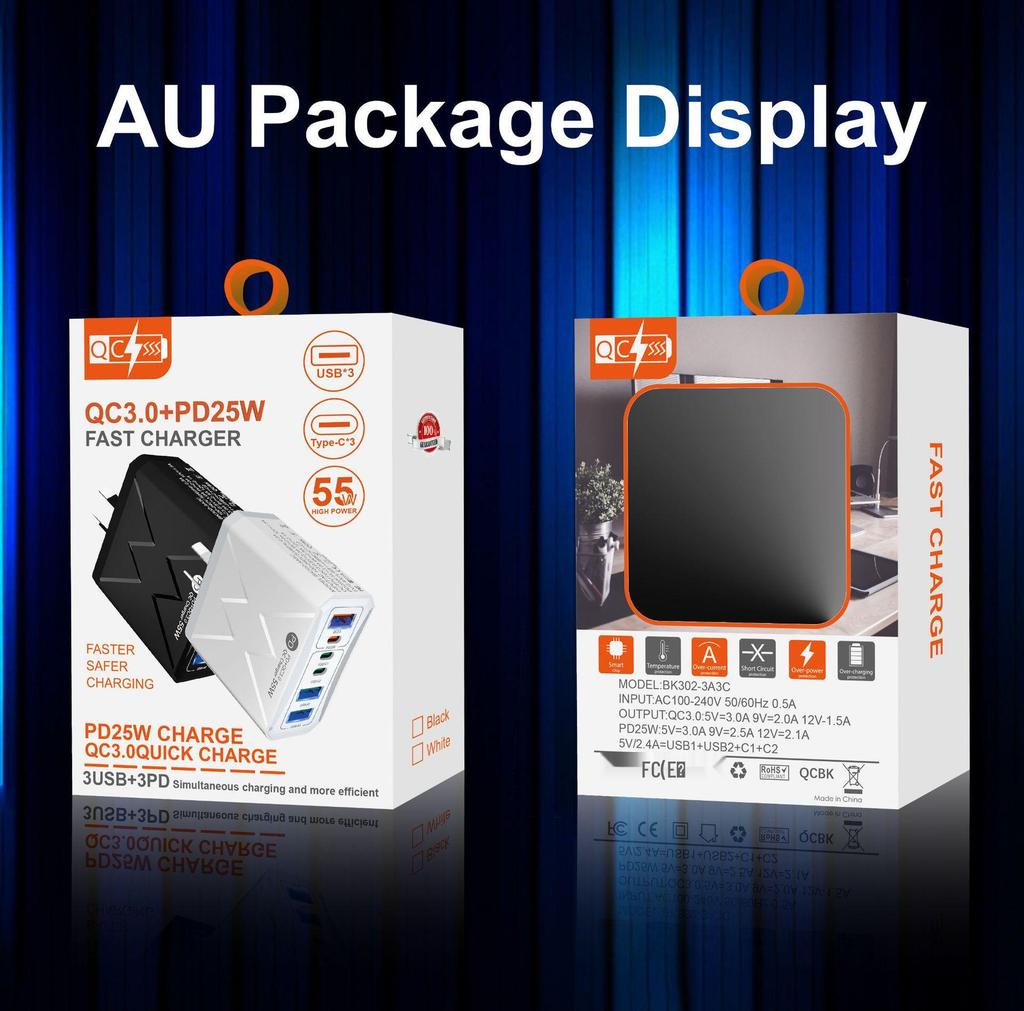 Быстрое зарядное устройство PD 25 Вт на 6 портов: 3 USB, 3 PD 55 Вт с QC3.0 – Штекеры EU, UK, AU
